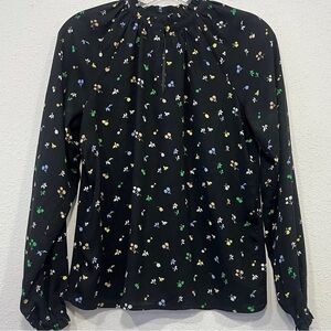 Ann Taylor Womens Black Long Sleeve Floral Ruffle Blouse Size XXS